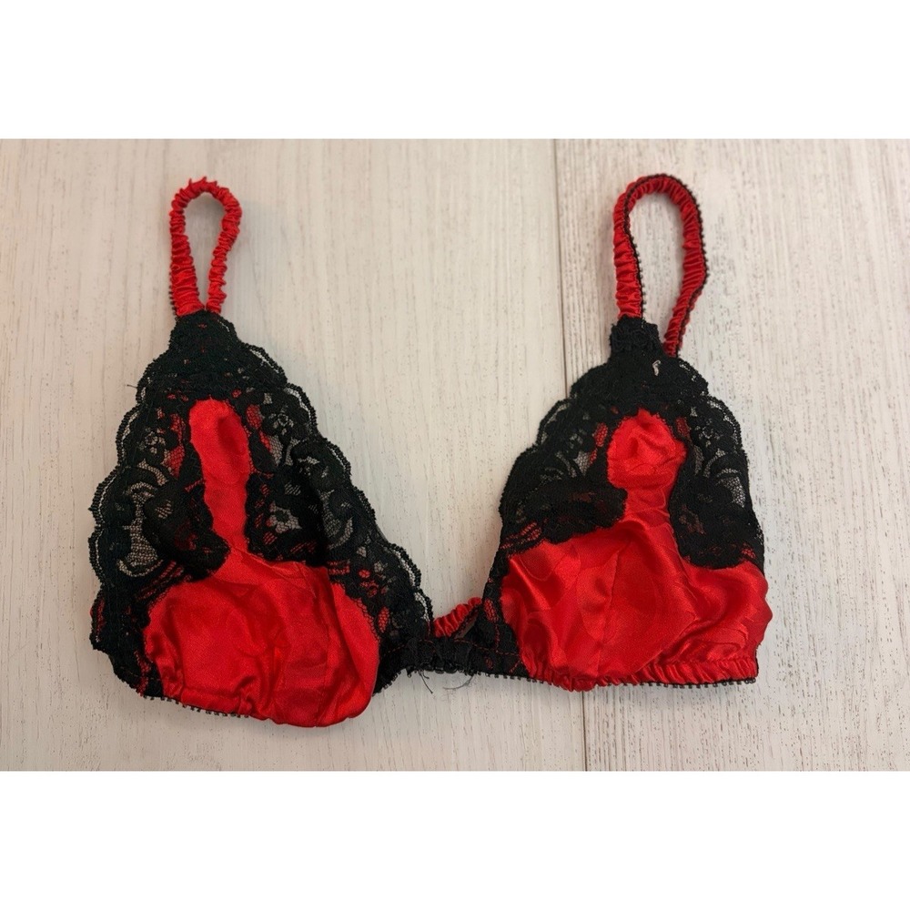 Vintage Christian Dior Satin & Lace Bralette Sz S Red / Black Front Closure
